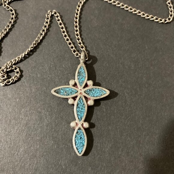 Turquoise Inlay Silver Tone Cross Pendant Necklace - Picture 2 of 6